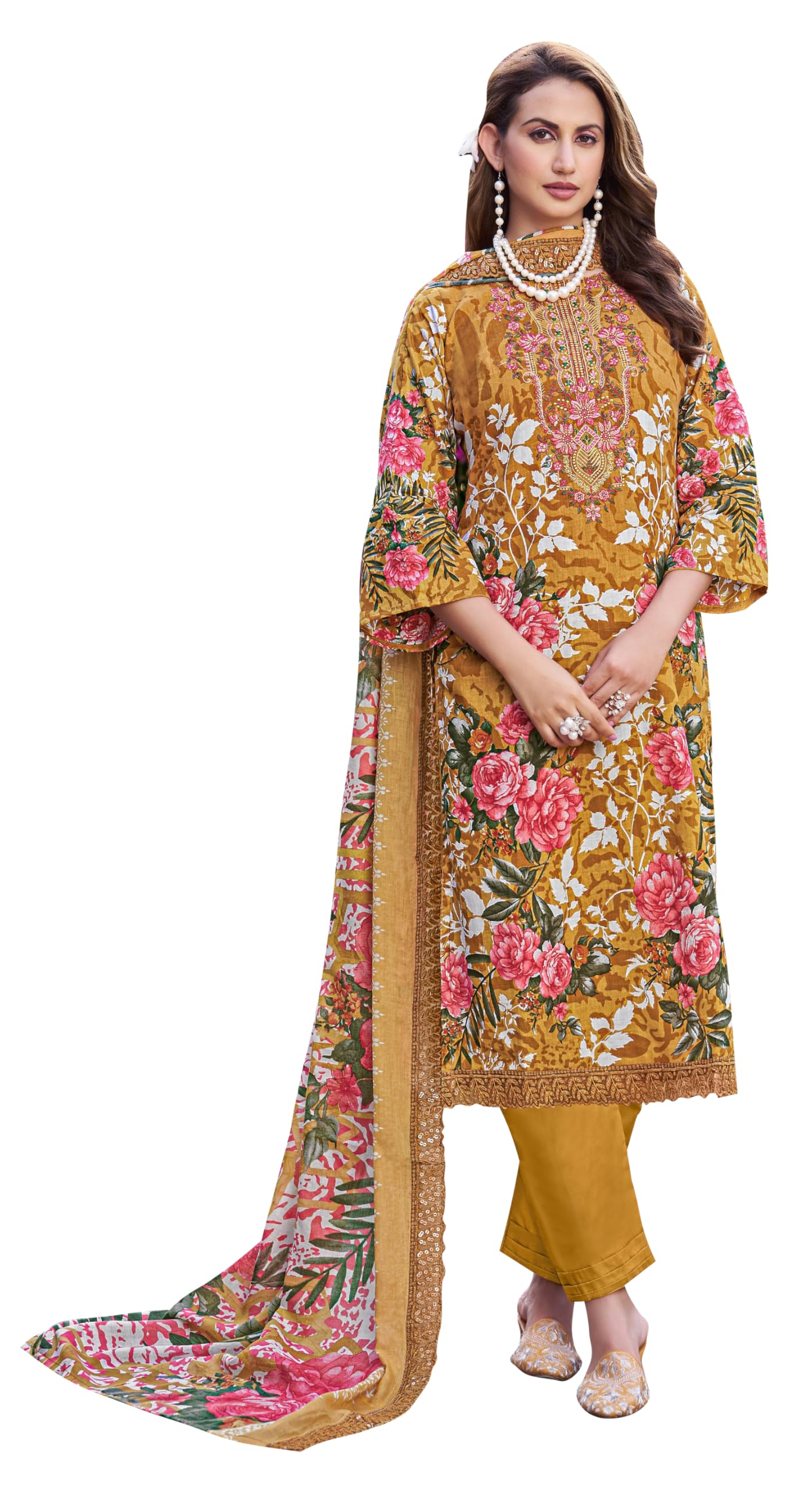 DRAVINAM Trends Pure Cambric Cotton Pakistani Embroidered Suit Dress Material with Unstitched Bottoms and Cotton Dupatta