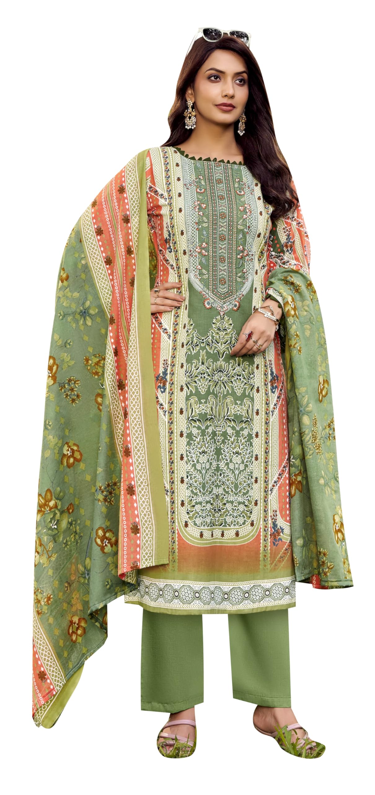 DRAVINAM Trends Women's Unstitched Cotton Suit Dress Material -Embroidered Digital Print Top II Plain Bottoms II Digital Print Dupatta