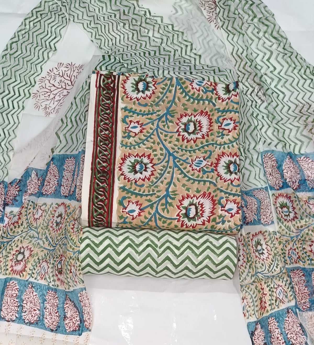 DRAVINAM Trends Hand Block Print Cambric Cotton Unstitched Salwar Suit Set for Women with Pure Chiffon Hand Printed Dupatta