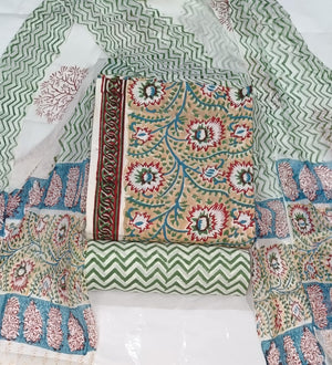 DRAVINAM Trends Hand Block Print Cambric Cotton Unstitched Salwar Suit Set for Women with Pure Chiffon Hand Printed Dupatta