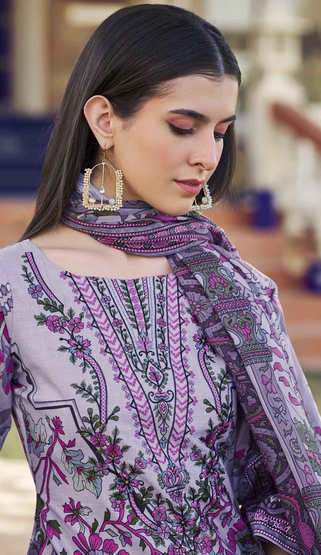 DRAVINAM Trends Pure Cotton Digital Print Pakistani Embroidered Suit Dress Material with Unstitched Bottoms and Cotton Dupatta