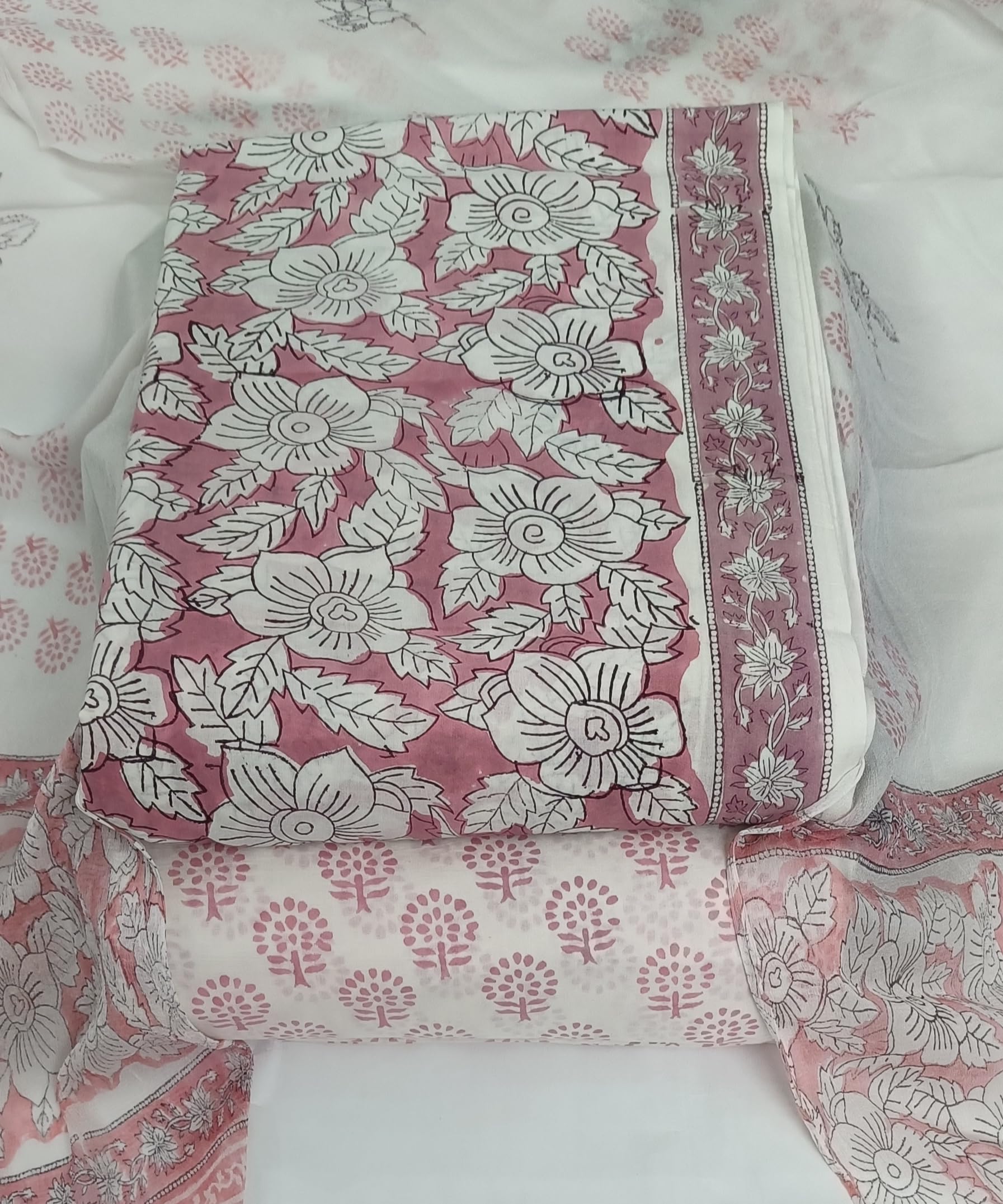 DRAVINAM Trends Hand Block Print Pure Cambric Cotton Unstitched Suit Material with Chiffon Hand Printed Dupatta