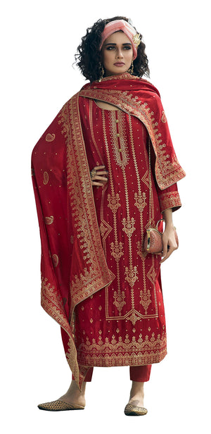 DRAVINAM Trends Women's Pure Banarasi Silk Unstitched Embroidered Sharara Style salwar Suit Dress Material with Heavy Pure Banarasi Jacquard Silk Dupatta (Free size_Magenta)