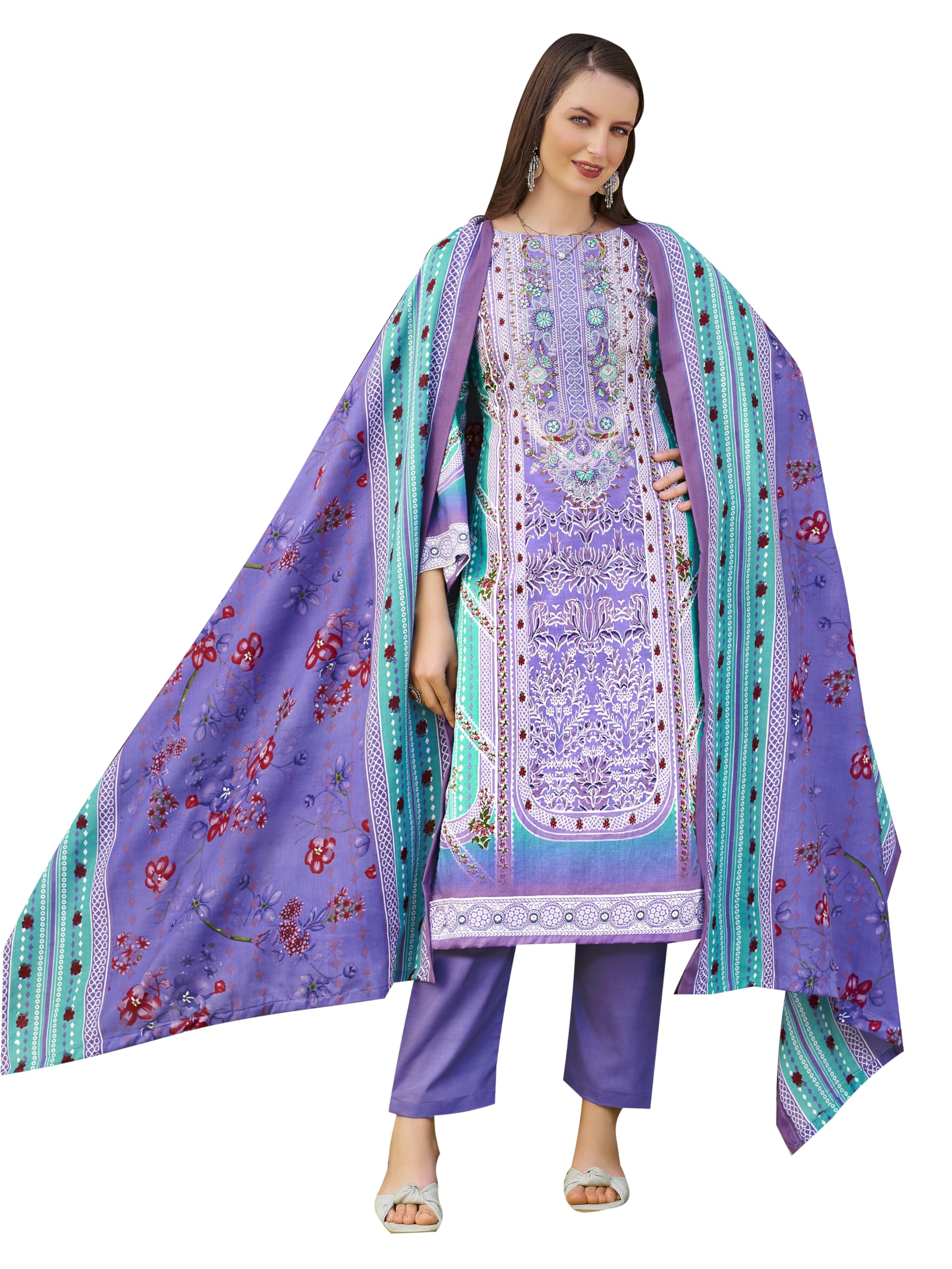 DRAVINAM Trends Unstitched Pakistani Embroidered Pure Cotton Salwar Suit Dress Materials with Cotton Dupatta