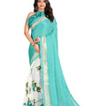 DRAVINAM Trends Women's Plain Weave Jute Linen Printed Border Saree with Blouse Piece (Green and White)