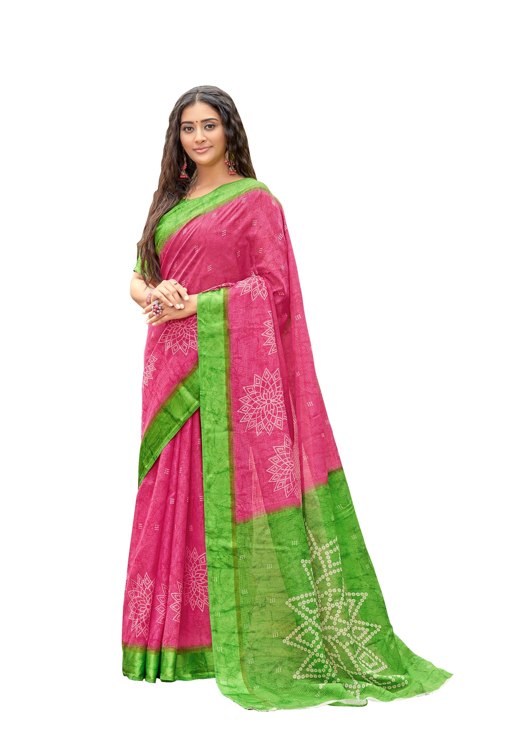 DRAVINAM Trends Women's Woven Kota Cotton Printed Check Saree with Satin Border and Blouse Piece (Pink and Green)