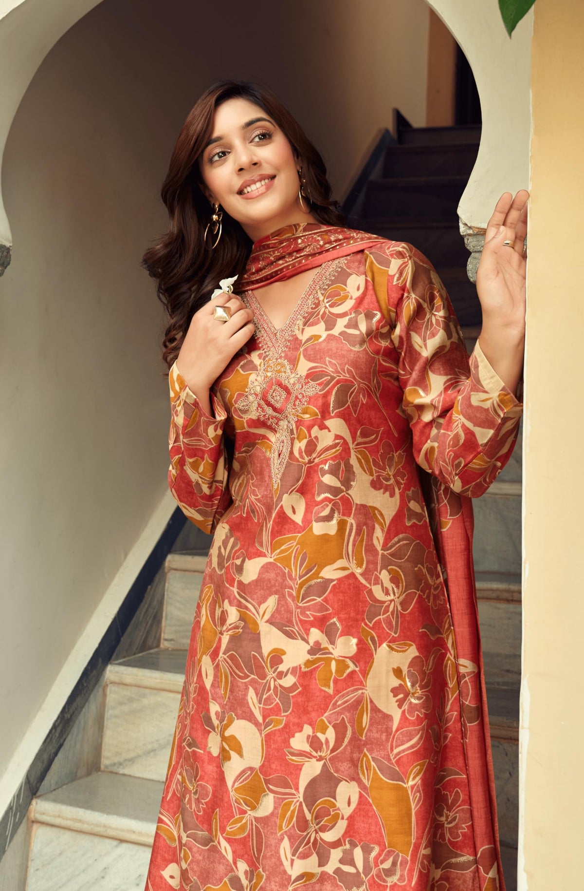 DRAVINAM Trends Women's Unstitched Salwar Suit Dress Material Modal Silk Discharge Foil Print Cording Embroidered Kameez Plain Unstitched Bottoms and Modal Silk Discharge Foil Print Dupatta
