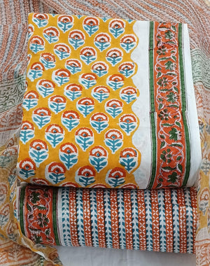 DRAVINAM Trends Sanganeri Hand Block Print Pure Cambric Unstitched Cotton Suit Dress Material with Kota Doriya Hand Printed Dupatta