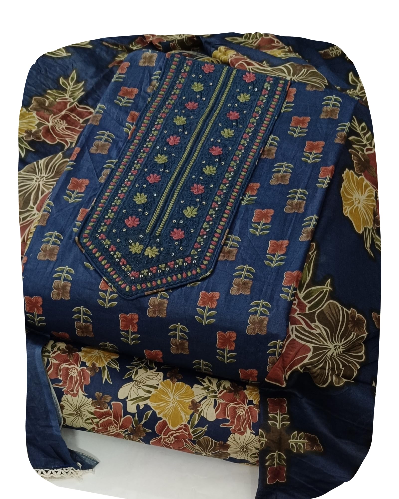 DRAVINAM Trends Women's Printed Embroidered and Hand Work Premium Cotton Jaipuri Unstitched Salwar Suit Dress Material with Mulmul Cotton Dupatta