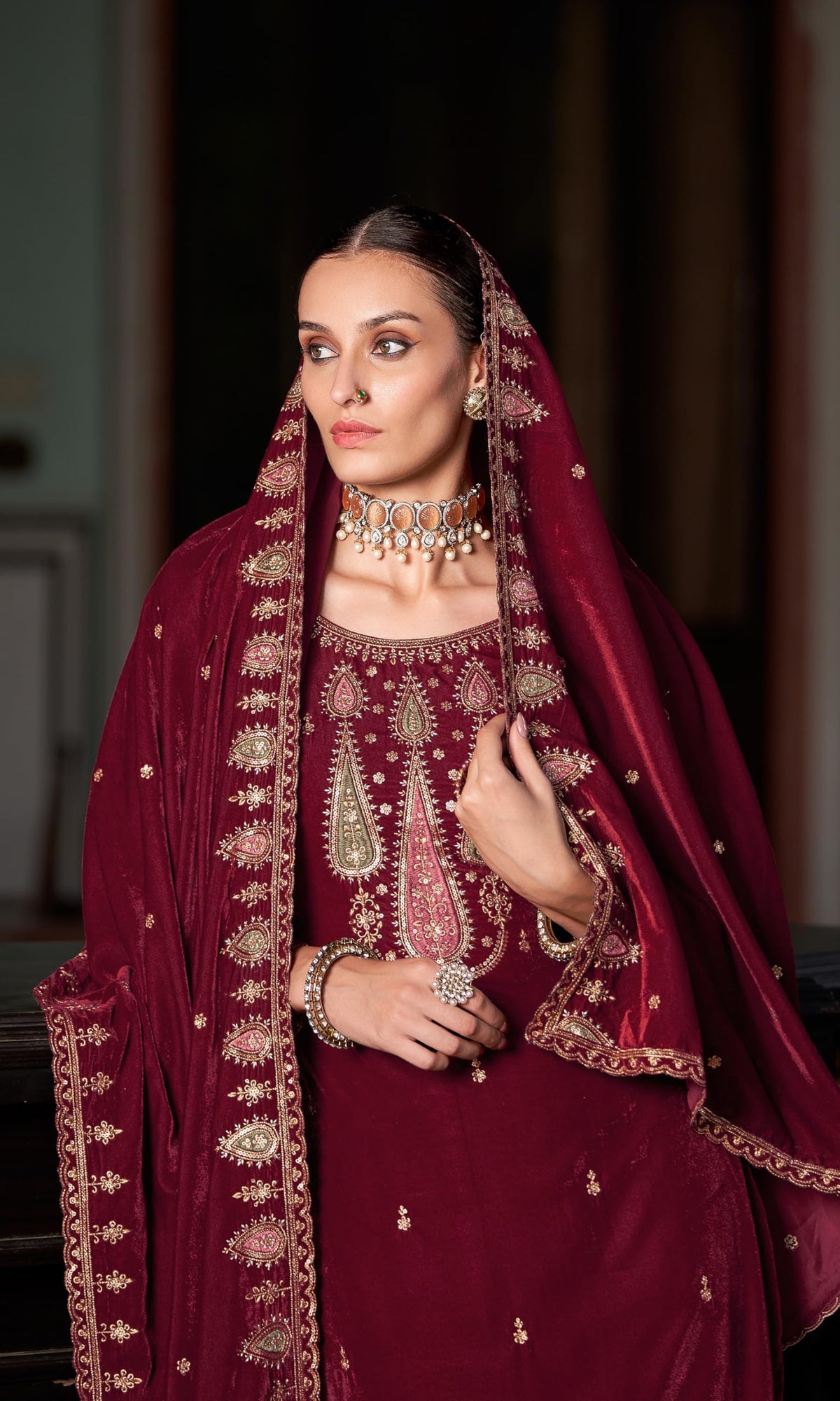 DRAVINAM Trends Women's Unstitched Winter wear Premium Velvet Embroidered Salwar suit Dress Material with Dupatta and Unstitch Bottoms