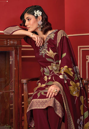 DRAVINAM Trends Women's Winter Wear Unstitched Digital Floral Printed Embroidered Viscose Pashmina Woollen Salwar Suit Dress Material with Pashmina Digital Printed Brasso Shawl Dupatta