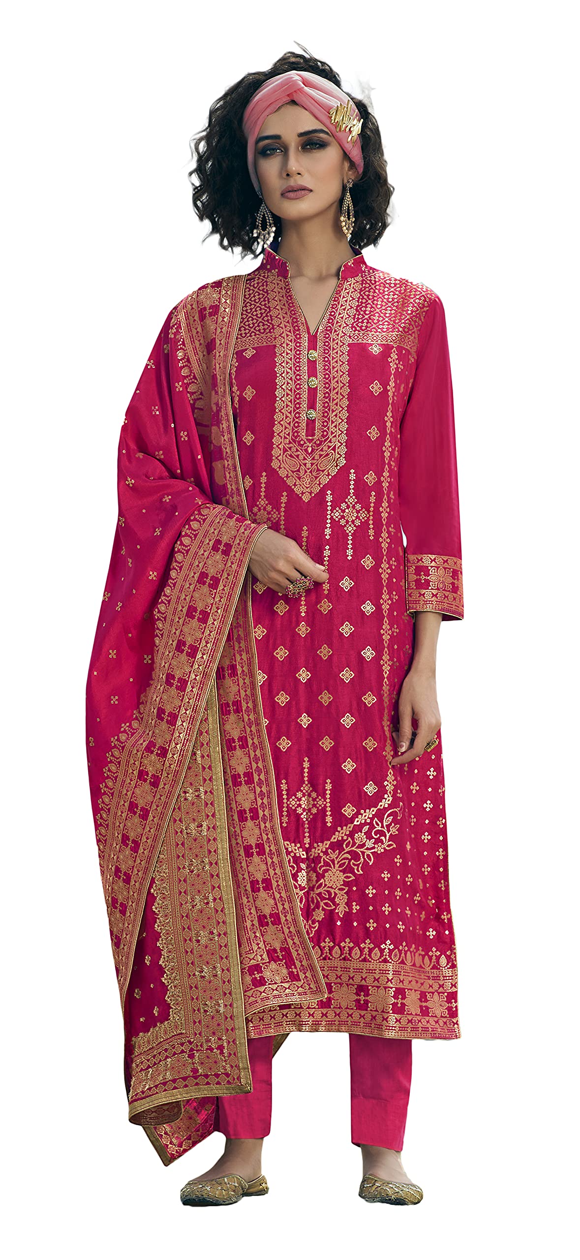 DRAVINAM Trends Women's Pure Banarasi Silk Unstitched Embroidered Sharara Style salwar Suit Dress Material with Heavy Pure Banarasi Jacquard Silk Dupatta (Free size_Magenta)