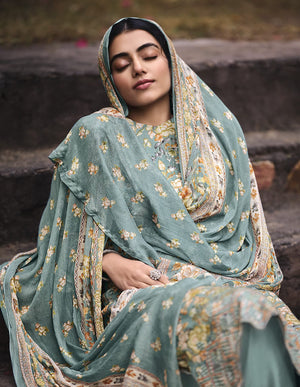 DRAVINAM Trends Unstitched Digital Printed Pure Cotton Embroidered Suit Set with Pure Bember Dupatta