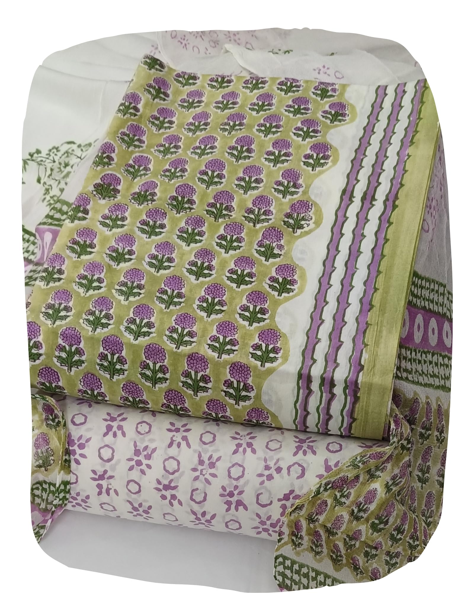 DRAVINAM Trends Hand Block Print Pure Cambric Cotton Unstitched Suit Material with Chiffon Hand Printed Dupatta