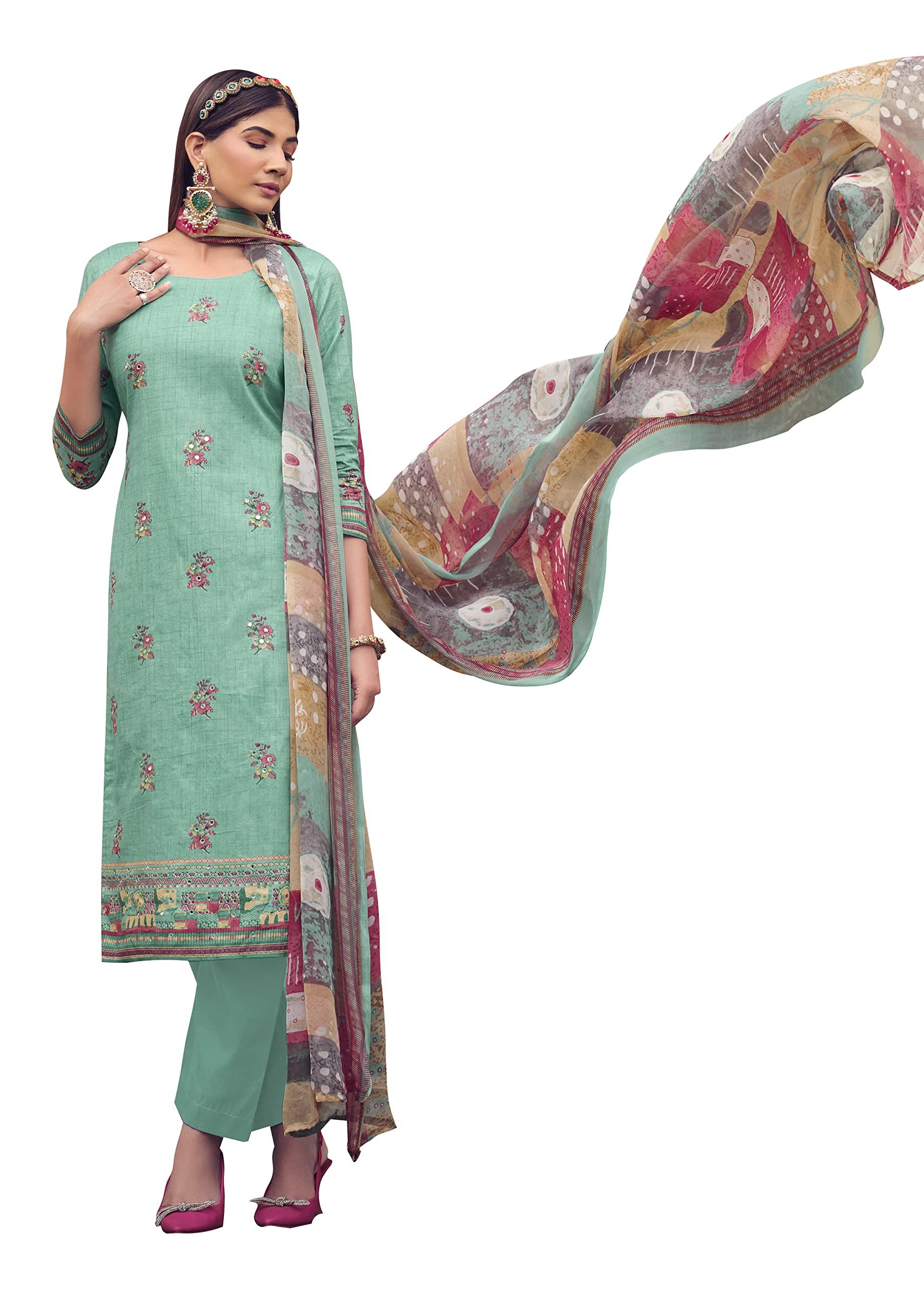 DRAVINAM Trends Unstitched Printed Mirror Work Cotton Salwar Suits Dress Material with Chiffon Dupatta (Green)