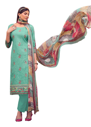 DRAVINAM Trends Unstitched Printed Mirror Work Cotton Salwar Suits Dress Material with Chiffon Dupatta (Green)