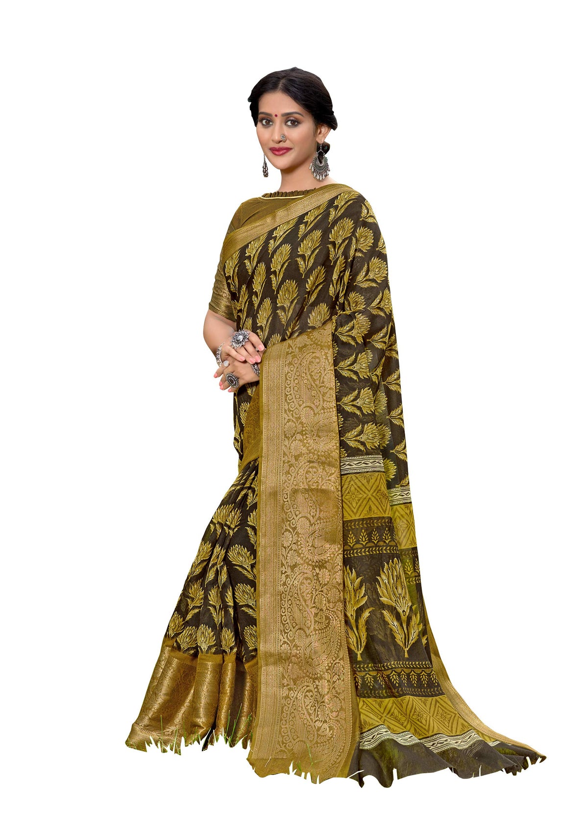 DRAVINAM Trends Women's Cotton Linen Jacquard Woven Broad Border Pattu Saree with Blouse Piece (Pattu SareeSRMN_35N_Brown)