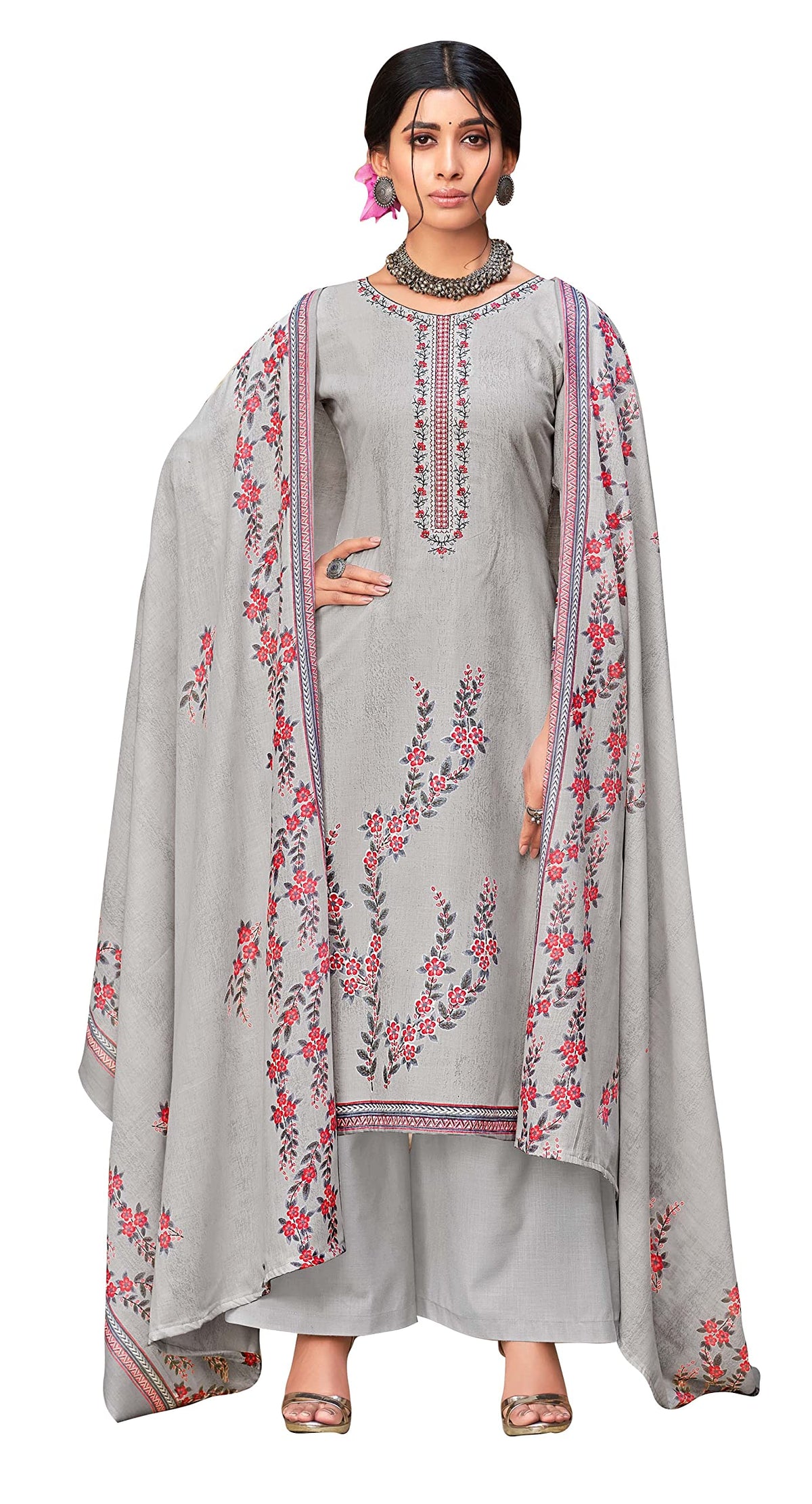 DRAVINAM Trends Women's Printed Embroidered Unstitched Pure Cotton Salwar Suit Material with Pure Nazneen Chiffon Chunni (Grey)