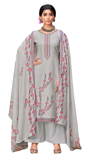 DRAVINAM Trends Women's Printed Embroidered Unstitched Pure Cotton Salwar Suit Material with Pure Nazneen Chiffon Chunni (Grey)