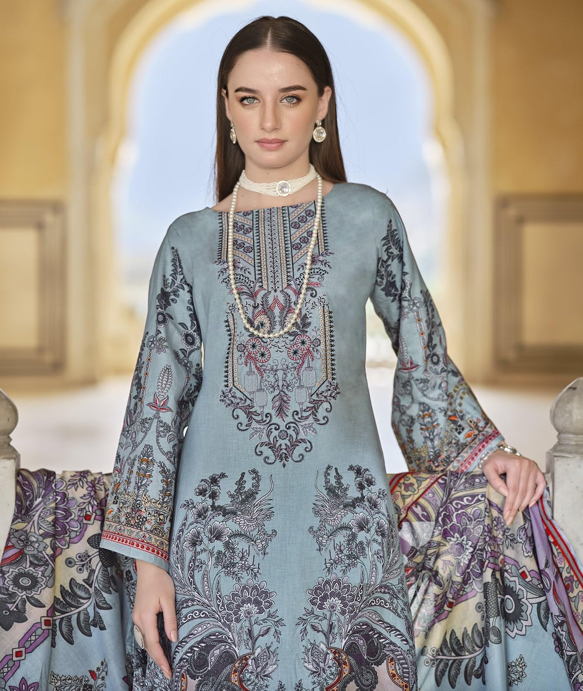 DRAVINAM Trends Women's Unstitched Pakistani Print Embroidered Cotton Salwar Suit Dress Materials with Cotton Printed Dupatta