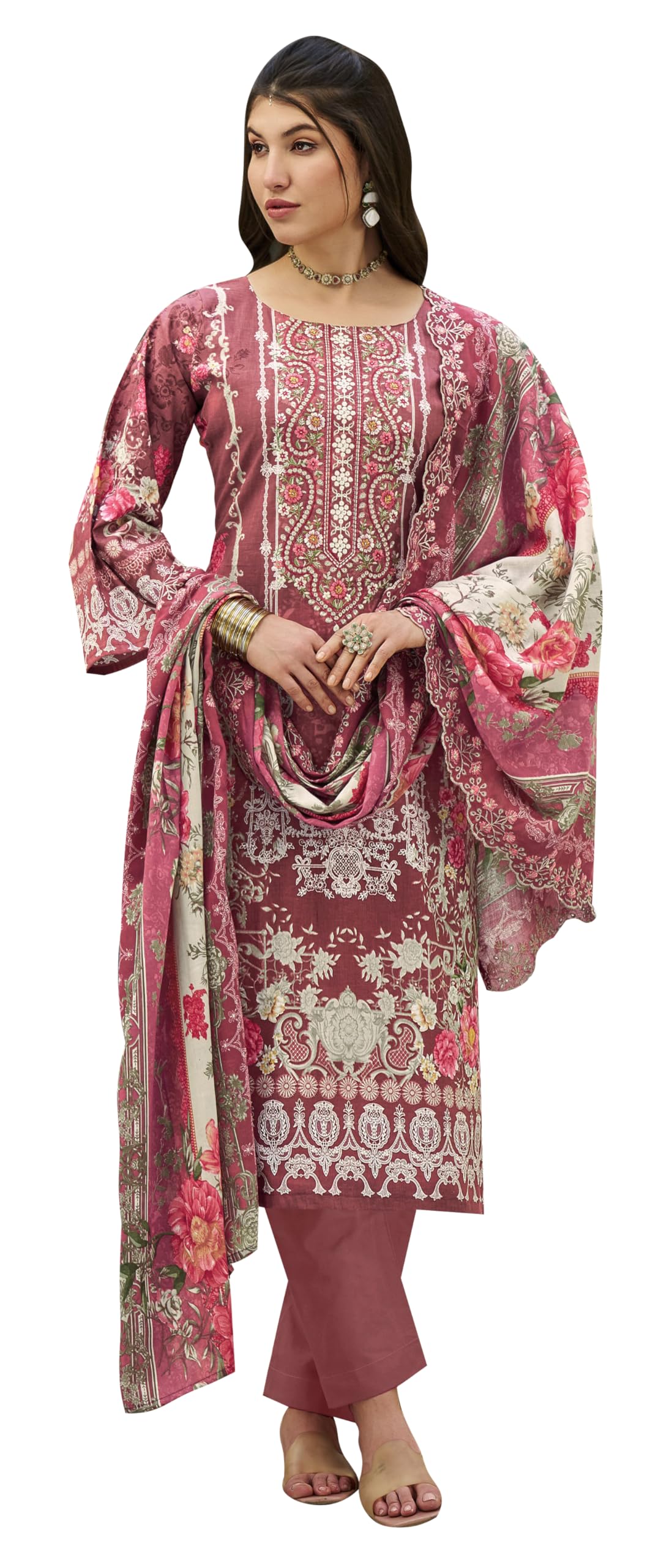 DRAVINAM Trends Women's Unstitched Pakistani Digital Print Embroidered Pure Cotton Salwar Suit Dress Materials with Cotton Embroidered Cutwork Dupatta