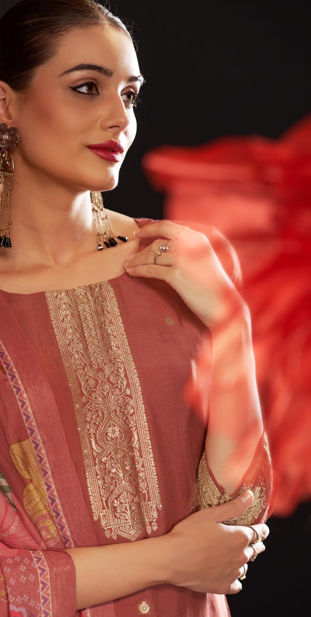 DRAVINAM Trends Women's Unstitched Maslin Salwar Suit Dress Material - Pure Bemberg Maslin Jacquard Kameez II Pure Jam Unstitch Bottoms II Viscose Maslin Digital Prints Dupatta