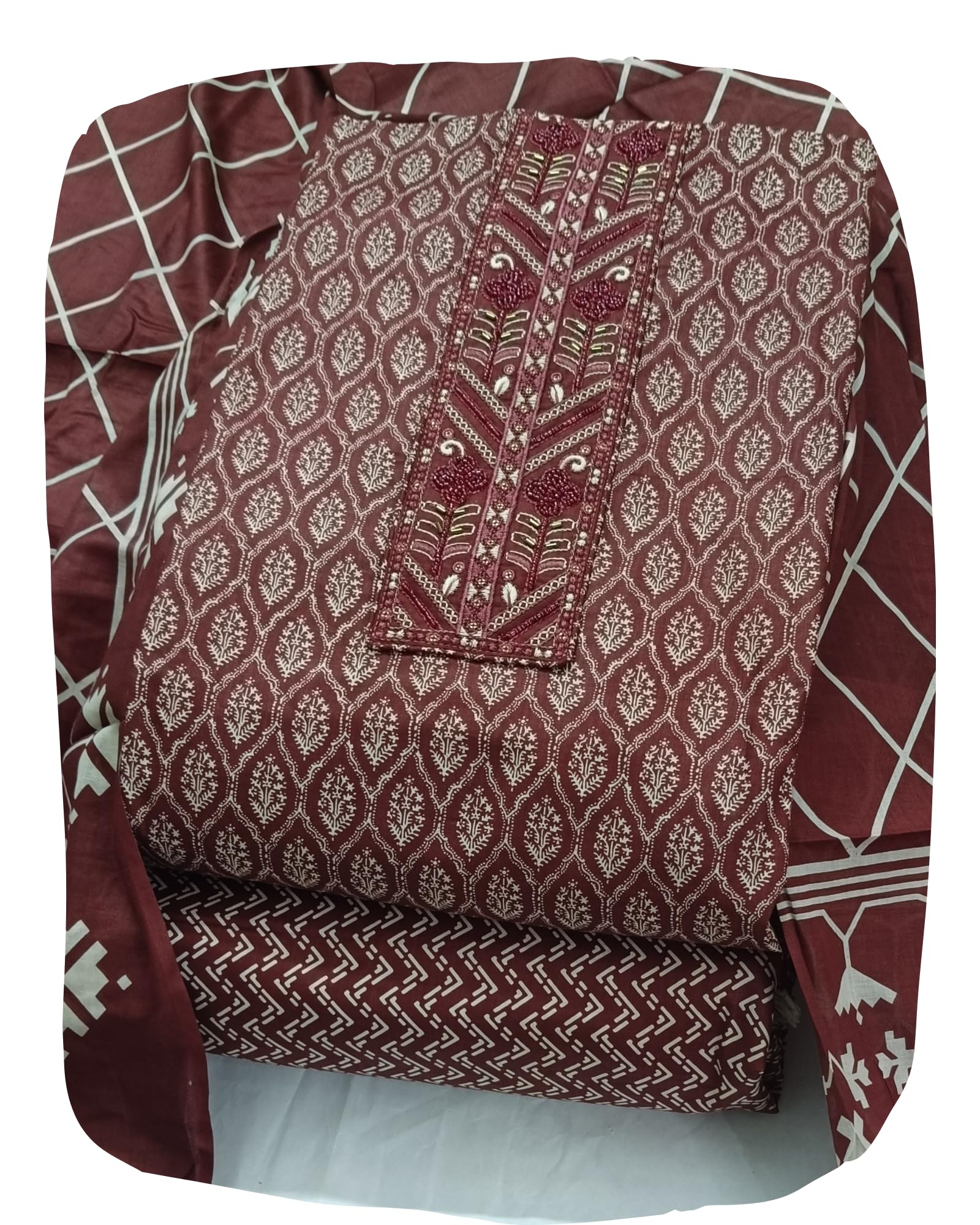 DRAVINAM Trends Women's Premium Cotton Jaipuri Printed Embroidered and Hand Work Unstitched Salwar Suit Dress Material with Mulmul Cotton Dupatta