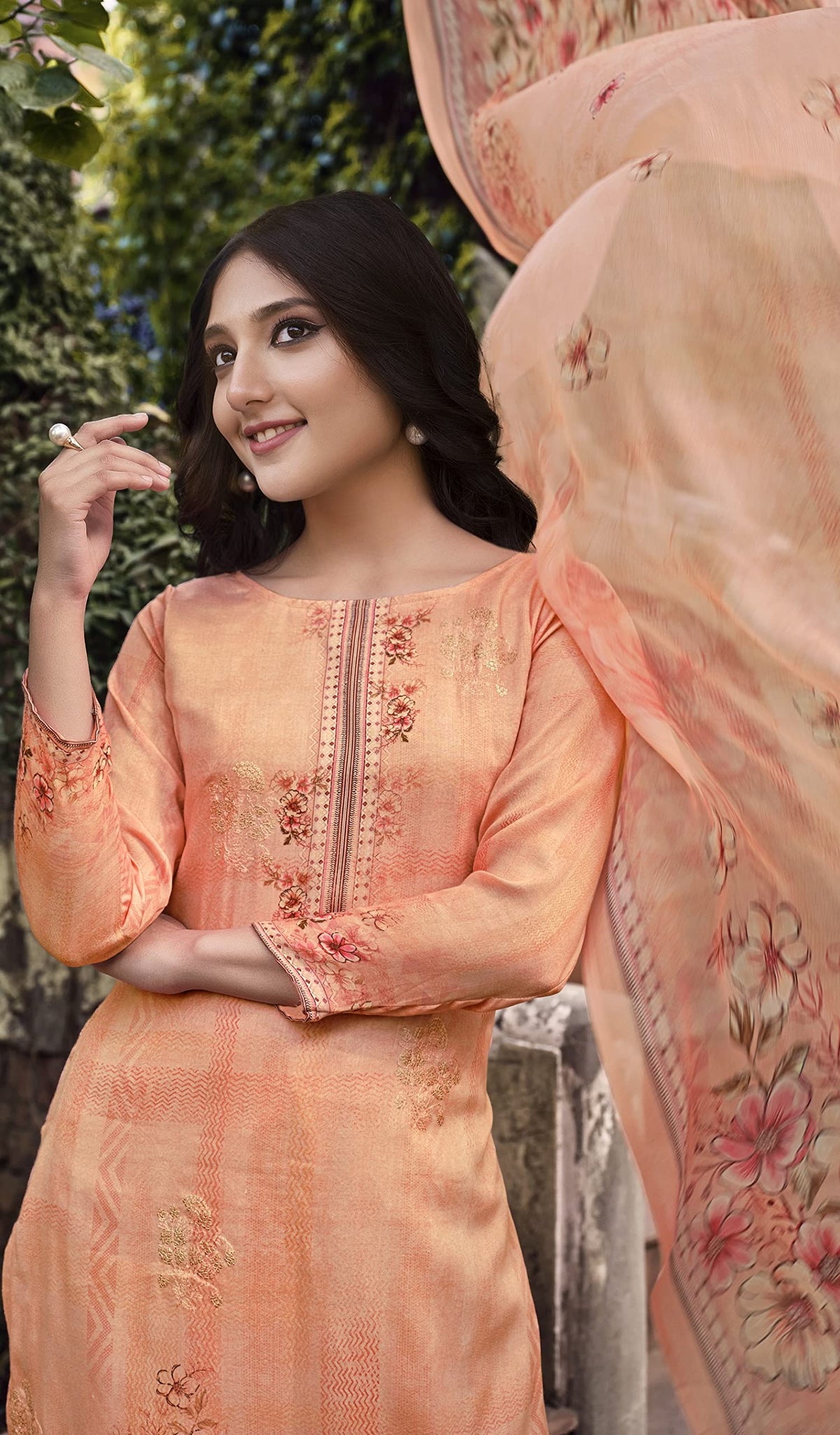 DRAVINAM Trends Women's Printed Unstitched Pure Cotton Kurti Palazzo Pants Set Material with Dupatta