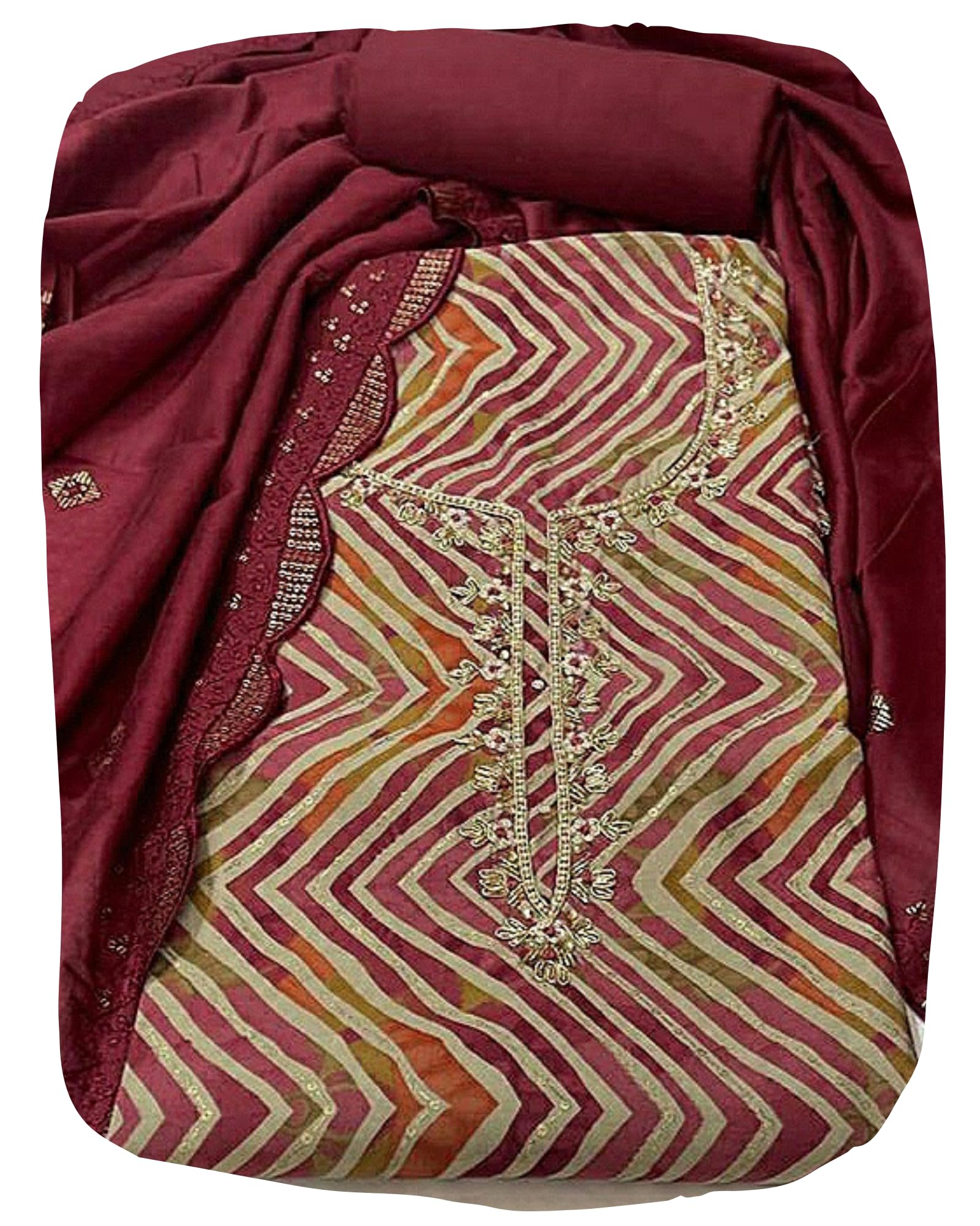 DRAVINAM Trends Handwork Modal Silk Unstitched Salwar Suit with Scalloped Dupatta
