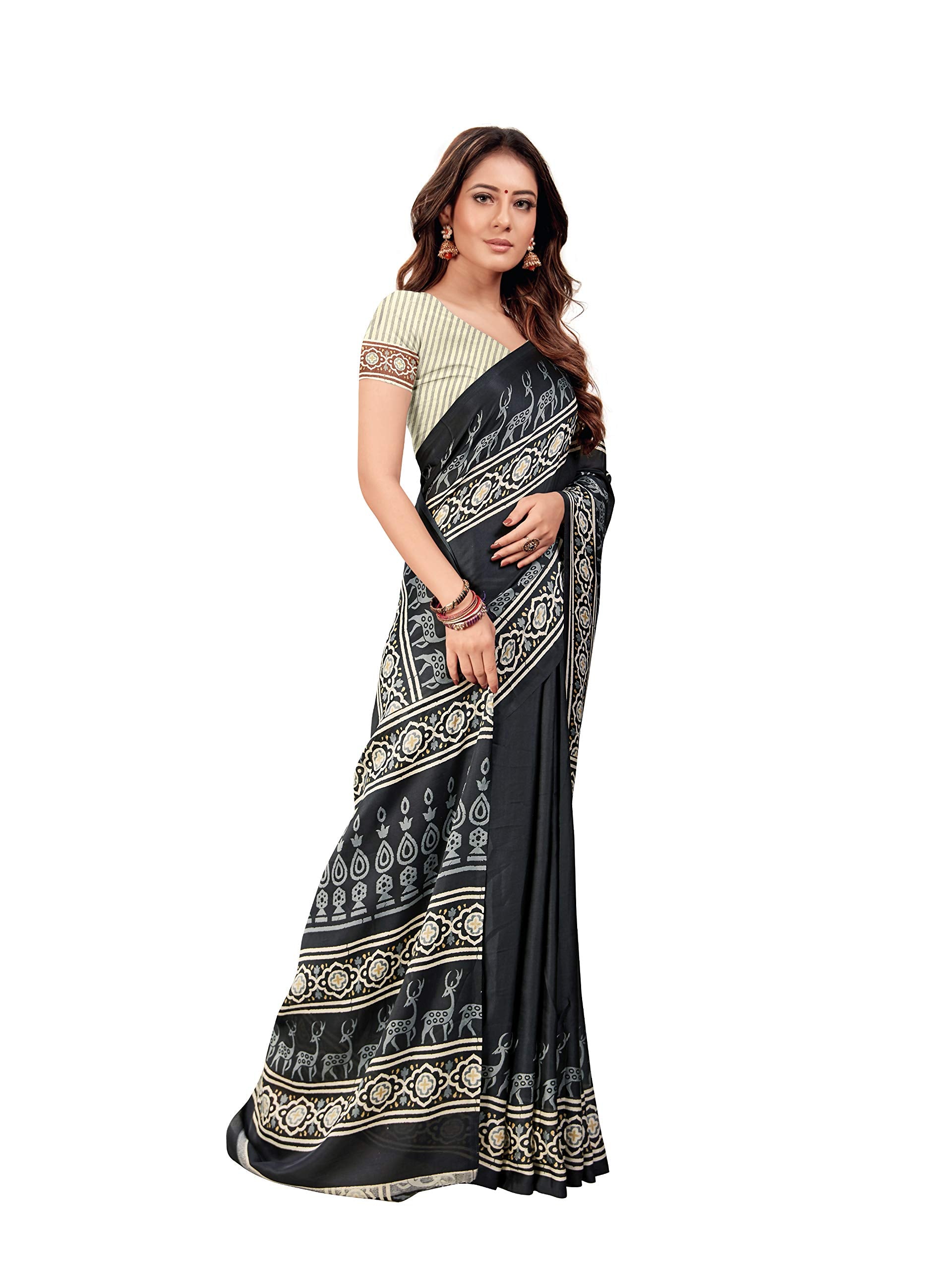 DRAVINAM Trends Women's Soft Printed Mul Mul Satin Saree with Blouse Piece (Black)