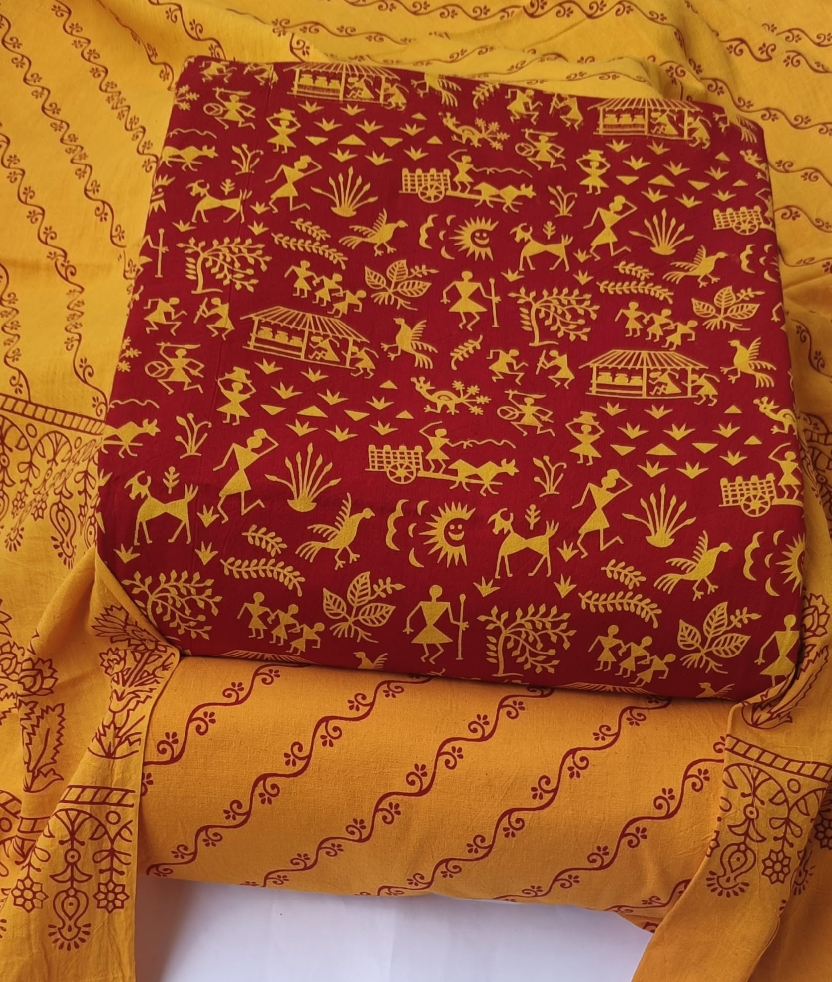 DRAVINAM Trends Women's Premium Cotton Unstitched Salwar Suit Dress Material Set | Traditional Rajasthani Gujari Block Print (Red & Mustard Yellow)