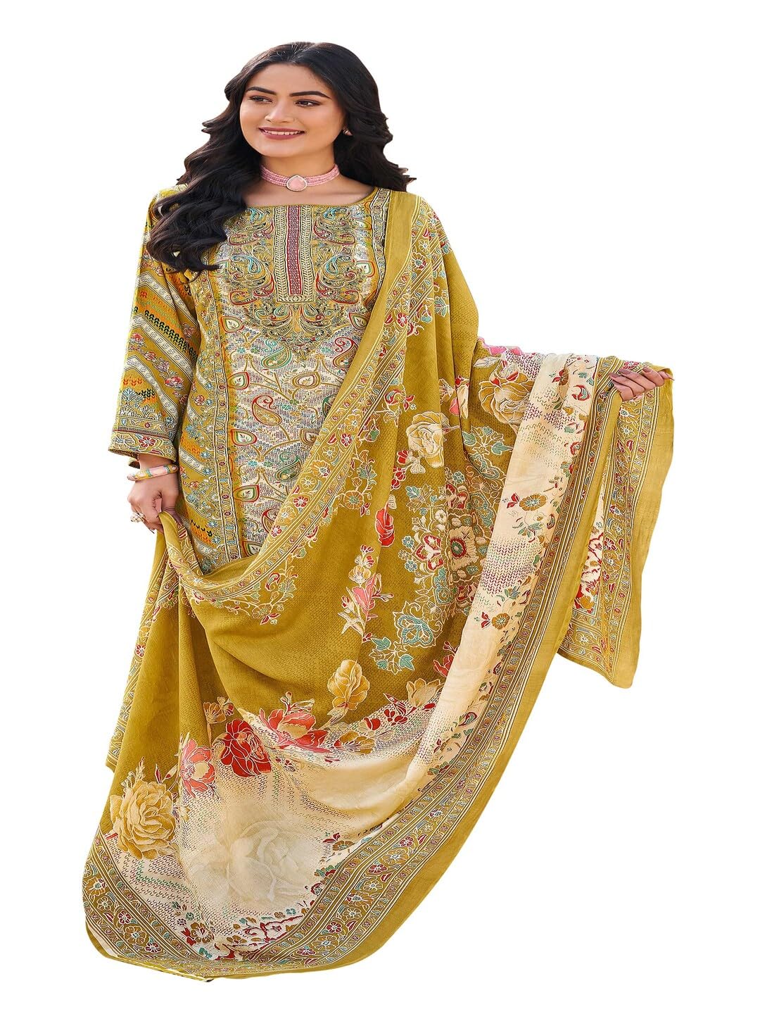 DRAVINAM Trends Women's Unstitched Premium Jam Cotton Embroidered Suit Material with Cotton Cutwork Dupatta
