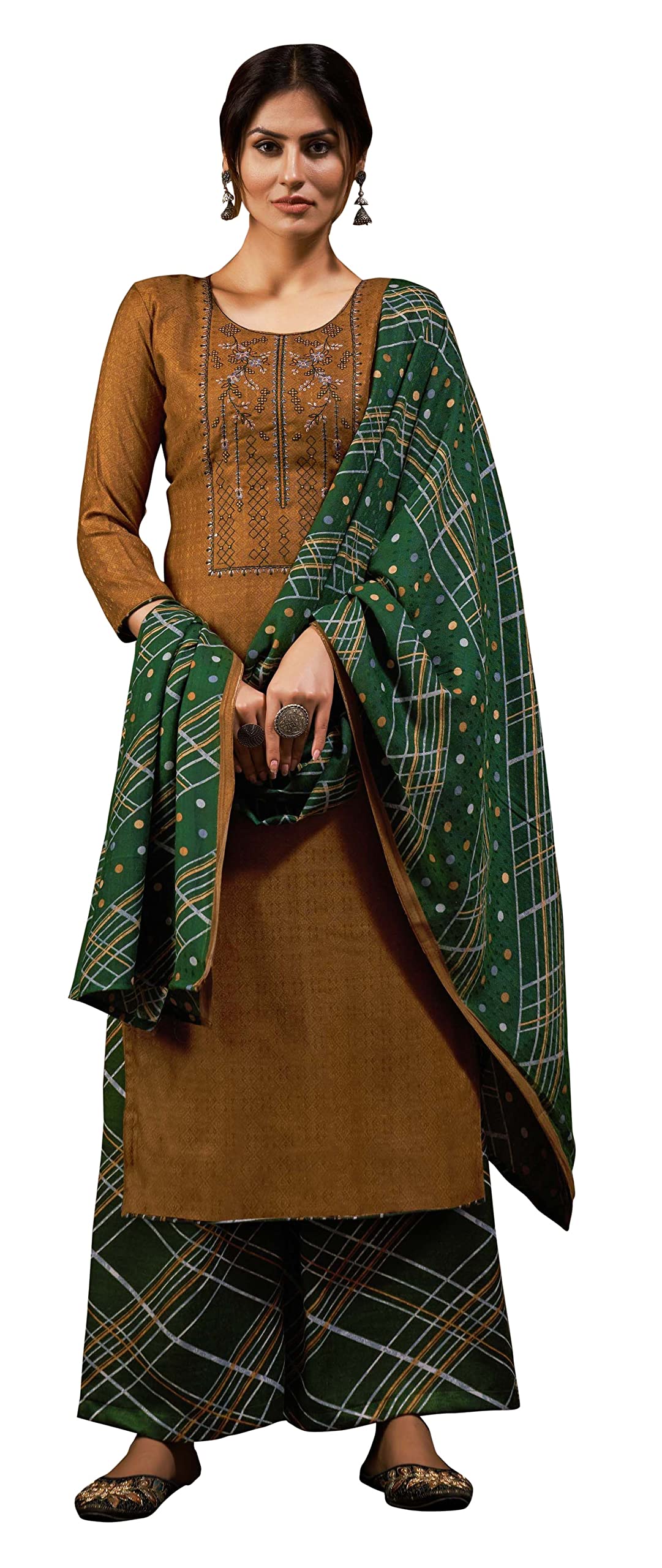 DRAVINAM Trends Women's Pure Wool Pashmina Embroidered Unstitched Palazzo/Pant/Salwar Suit with Pashmina wool Shawl Dupatta/Chunni for/Office Wear/Casual/Winter wear (Mustard)
