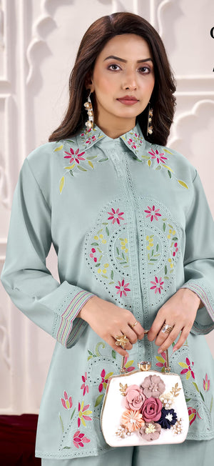 DRAVINAM Trends Women's Stitched Embroidered Pure Roman Silk Co-ord Set II Embroidered Collar Neck Shirt Style Silk Top II Solid Pants (L / 40)