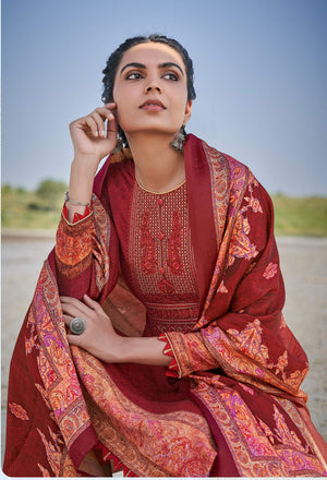 DRAVINAM Trends Women's Unstitched Woollen Pashmina Embroidered Salwar Suit Dress Material with Pashmina Printed Shawl Dupatta (Free size_Red)