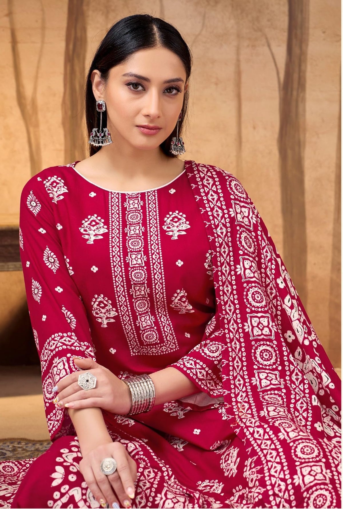 DRAVINAM Trends Women's Winter Wear Unstitched Discharge Print Hand Work Woollen Viscose Pashmina Salwar Suit Dress Material with Pashmina Printed Shawl Dupatta
