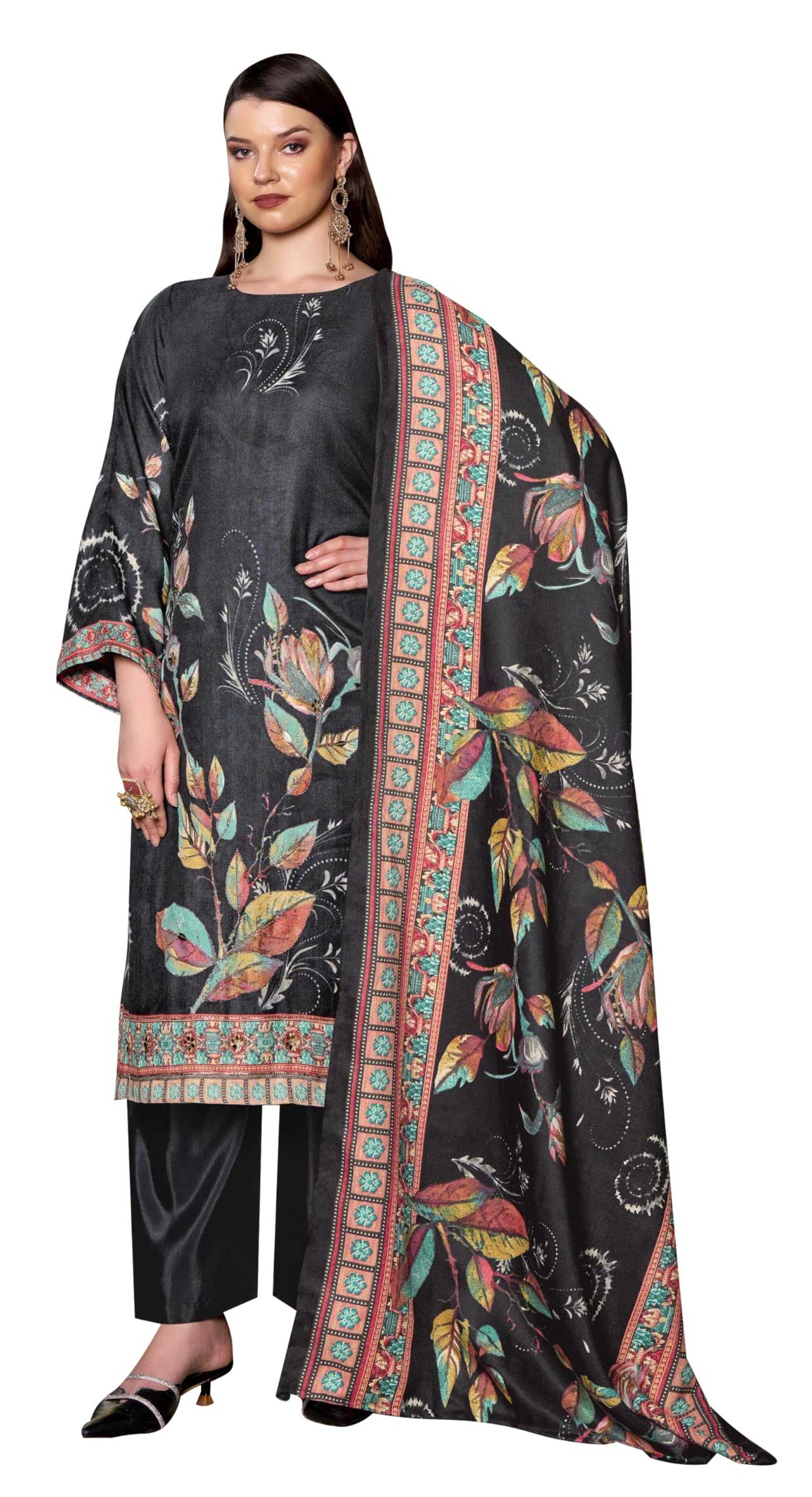 DRAVINAM Trends Women's winter wear unstitched hand work Woollen Pashmina Suit Dress Material with Pashmina Printed Shawl Dupatta