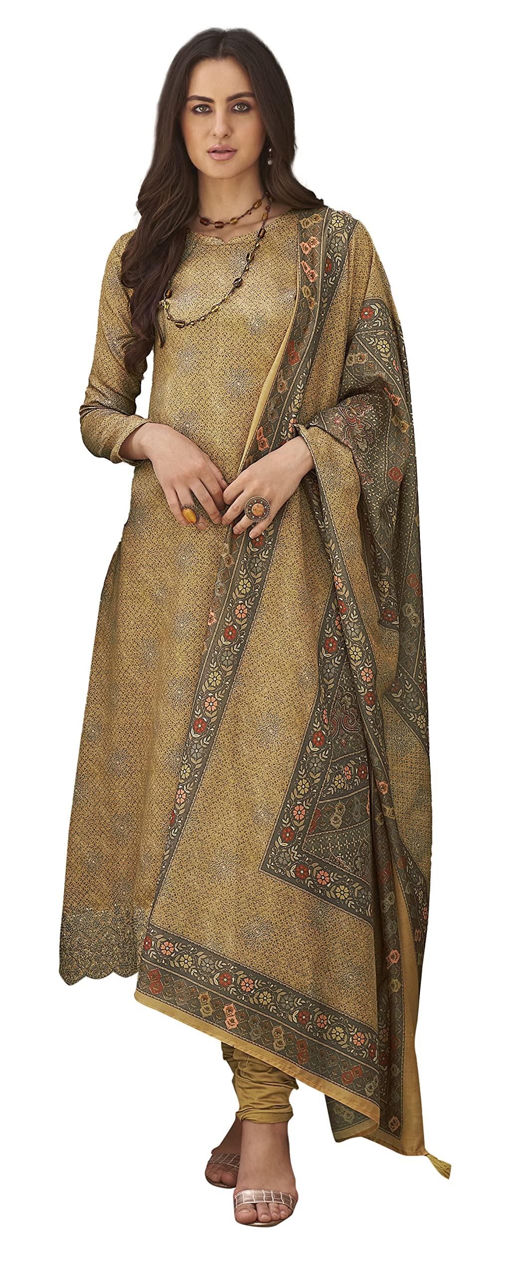 DRAVINAM Trends Women's Unstitched digital Print Pure Woollen Pashmina Hand Embroidered Salwar Suit Dress Material with digital printed woolen shawl dupatta (Yellow)