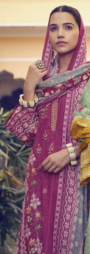 DRAVINAM Trends Unstitched Pakistani Print Embroidered Cotton Suit Dress Materials with Printed Cotton Dupatta