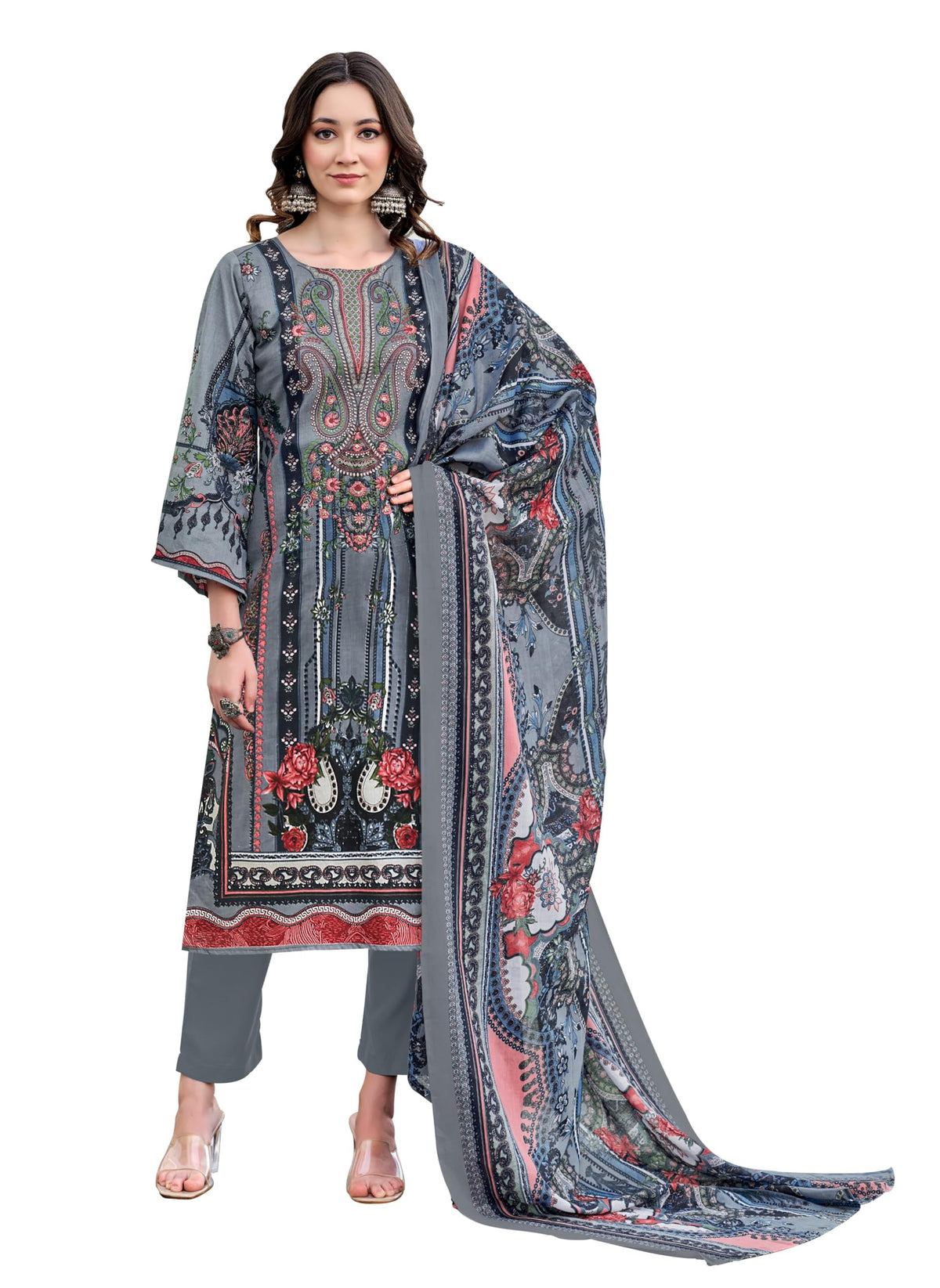 DRAVINAM Trends Women's Unstitched Salwar Suit Dress Material - Cotton Digital Printed Organza Embroidered Kameez II Unstitch Bottoms II Cotton Dupatta