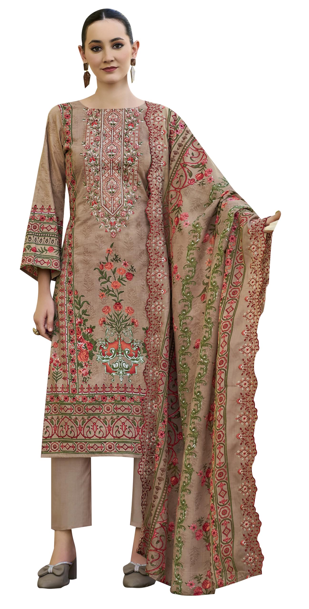 DRAVINAM Trends Women's Unstitched Pakistani Digital Print Embroidered Pure Cotton Salwar Suit Dress Materials with Cotton Embroidered Cutwork Dupatta