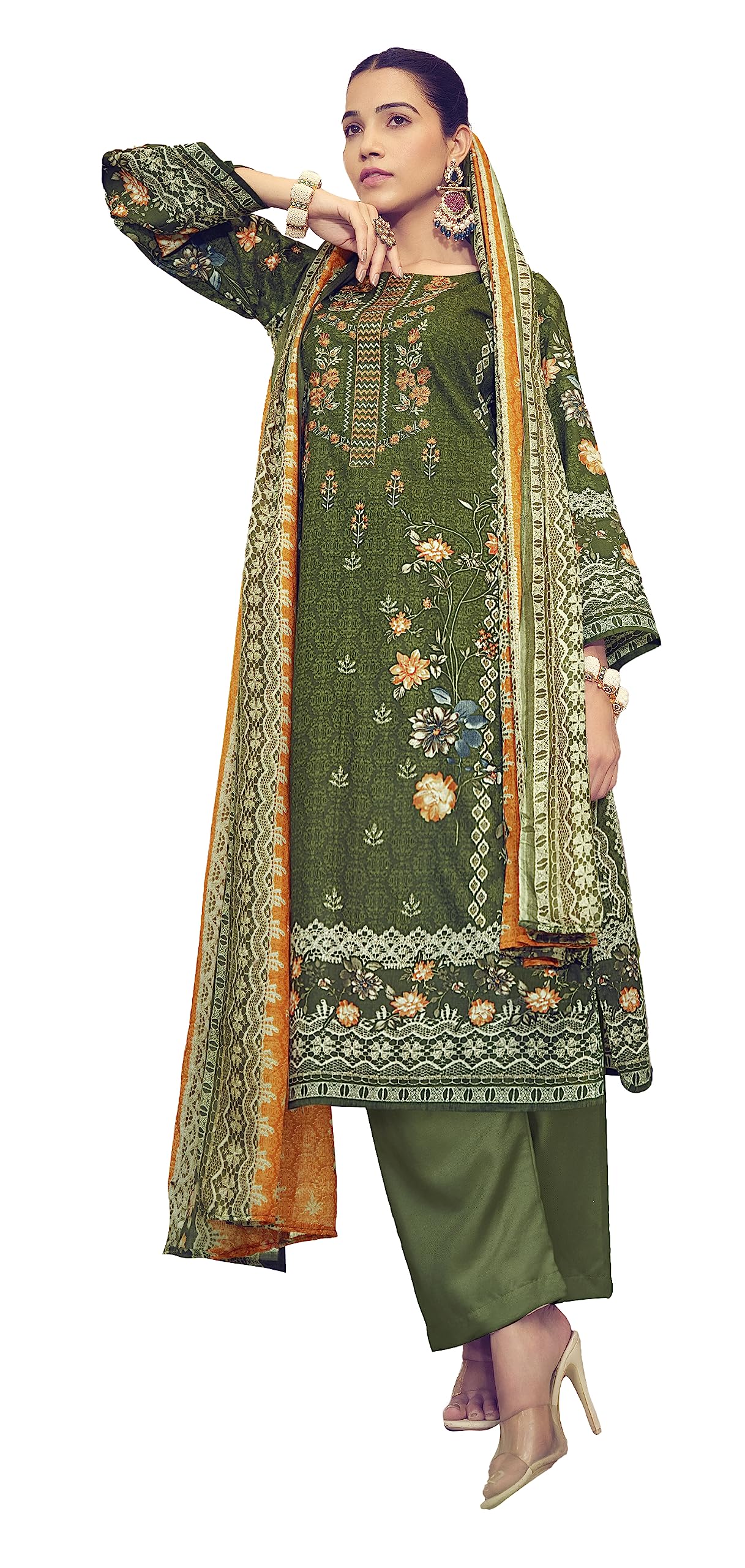 DRAVINAM Trends Printed Embroidered Pure Cotton Unstitched Salwar Suit Dress Materials Fabric with Cotton Printed Dupatta (Mehandi Green)