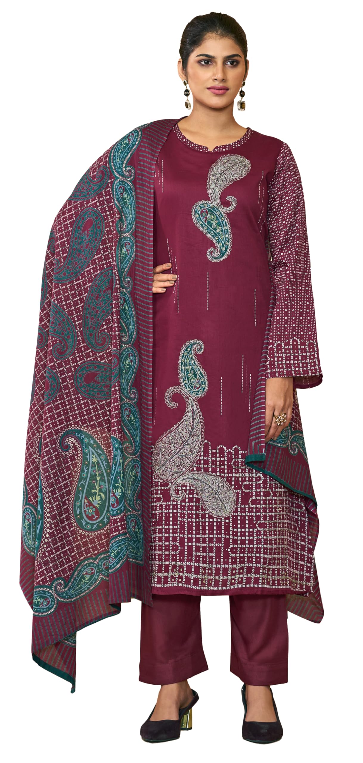 DRAVINAM Trends Women's Unstitched Salwar Suit Dress Material Pure Jam Silk Discharge Print Embroidered Hand Work Kameez Plain Unstitched Bottoms and Pure Lawn Digital Foil Print Dupatta