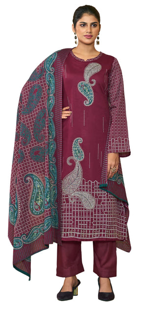 DRAVINAM Trends Women's Unstitched Salwar Suit Dress Material Pure Jam Silk Discharge Print Embroidered Hand Work Kameez Plain Unstitched Bottoms and Pure Lawn Digital Foil Print Dupatta