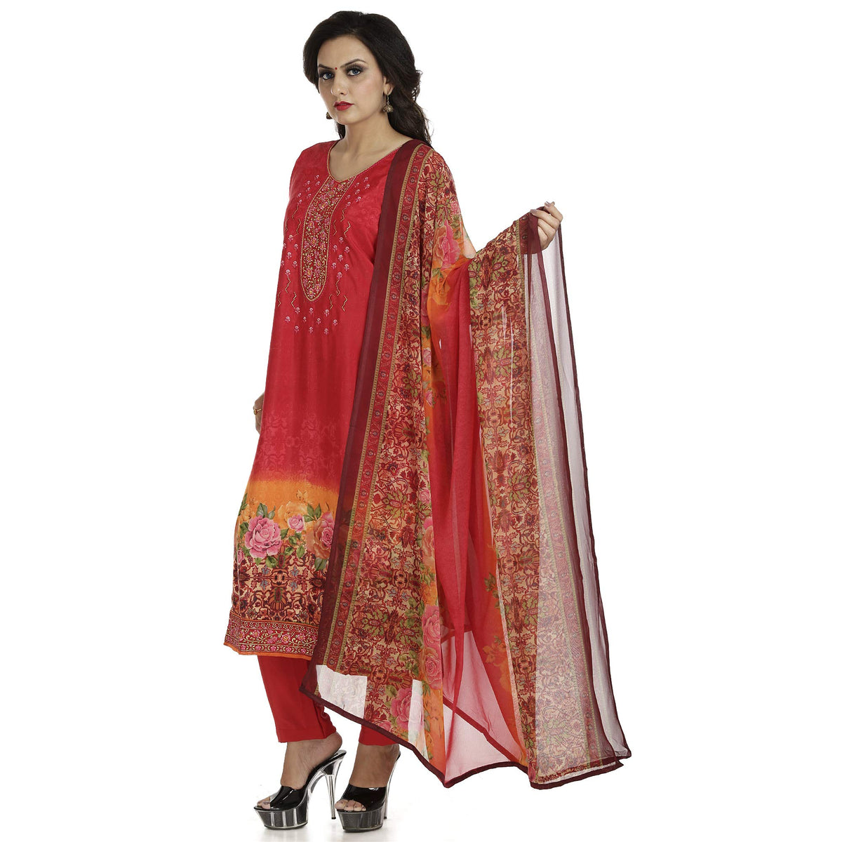 DRAVINAM Trends Women's Embroidered Pure Crepe Floral Printed Salwar Suit Dress Material with Printed Georgette Dupatta (Unstitched)