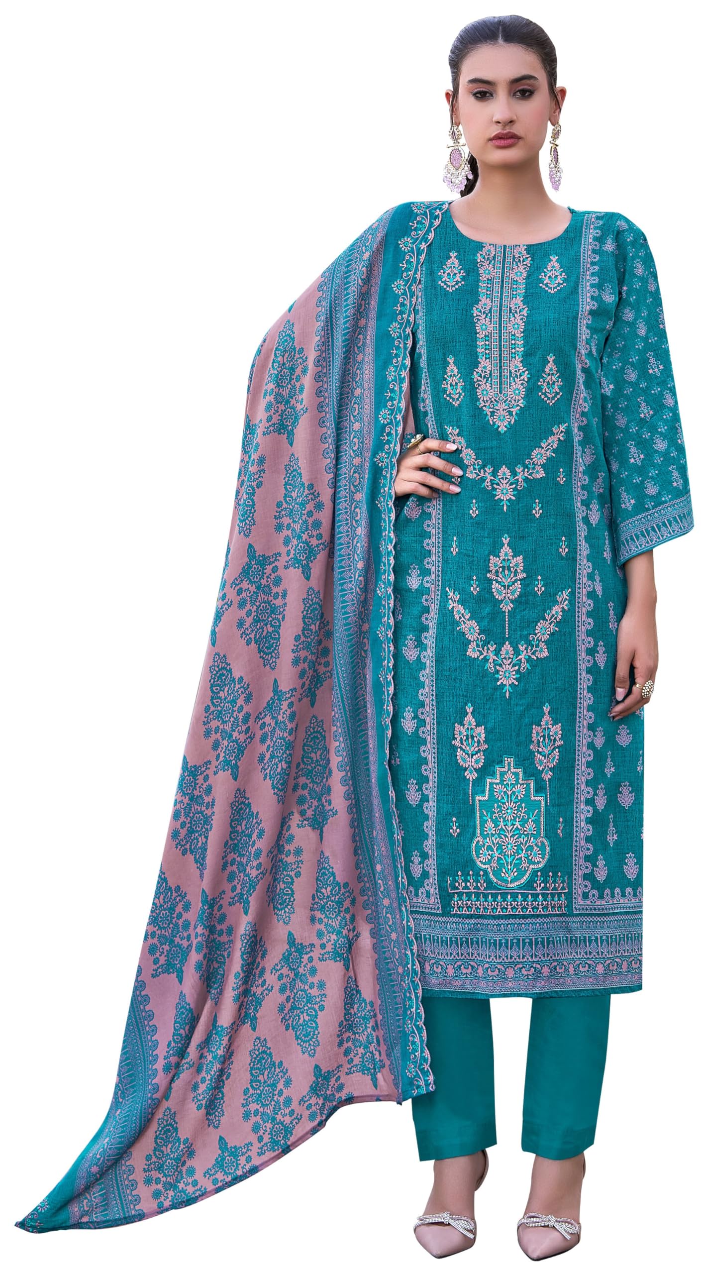 DRAVINAM Trends Women's Unstitched Premium Pure Cotton Heavy Embroidered Suit Dress Material
