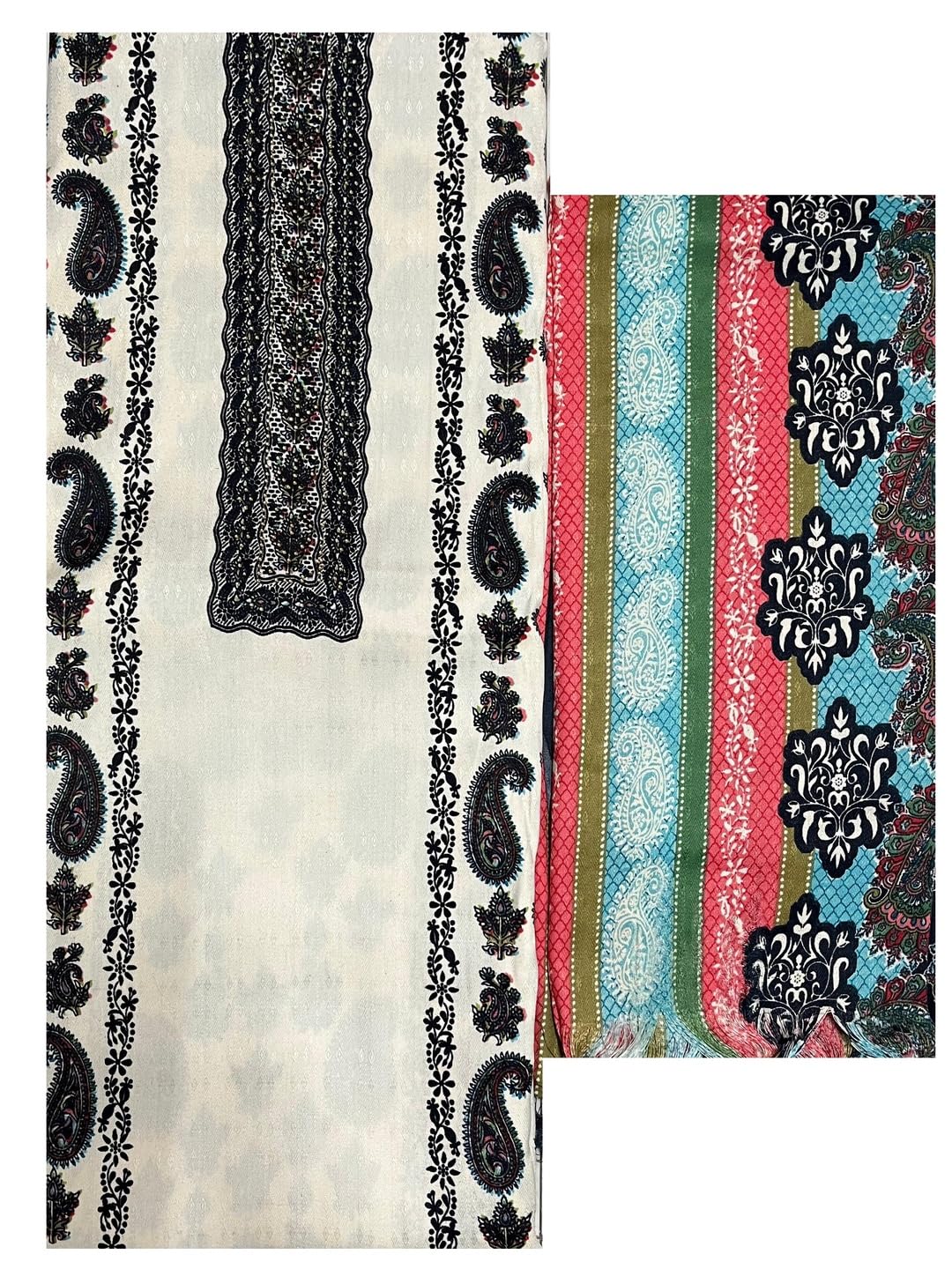 Women's Kashmiri Printed Pashmina Unstitch Salwar Suit Set – Includes 2.5 m Kameez, Heavy Spun Plain Bottom Fabric (Salwar, Pants, Dhoti, Palazzo, Chudidar Options), & 2.25 m Printed Shawl/Dupatta