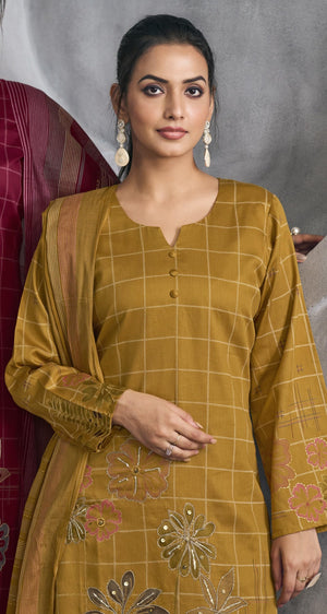 DRAVINAM Trends Women's Unstitched Salwar Suit Dress Material Pure Jam Silk Discharge Print Embroidered Hand Work Kameez Plain Unstitched Bottoms and Pure Lawn Digital Foil Print Dupatta