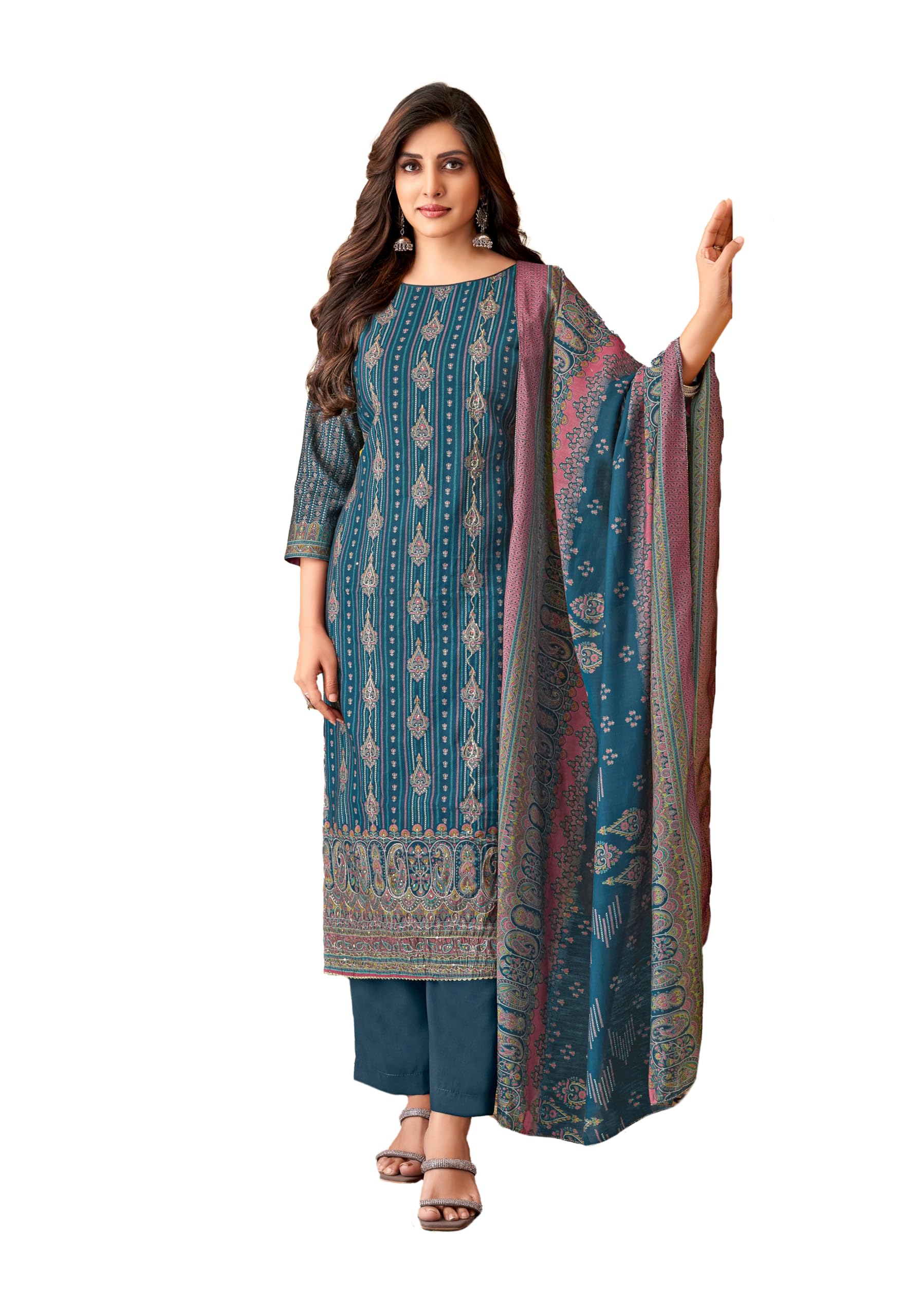 DRAVINAM Trends Women's Modal Unstitched Dress Material - Pure Modal Discharge Print top with Elegant Hand Work (2.5 m), Pure Modal Solid Bottom (2.8m), Viscose Modal Print Dupatta (2.25 m)