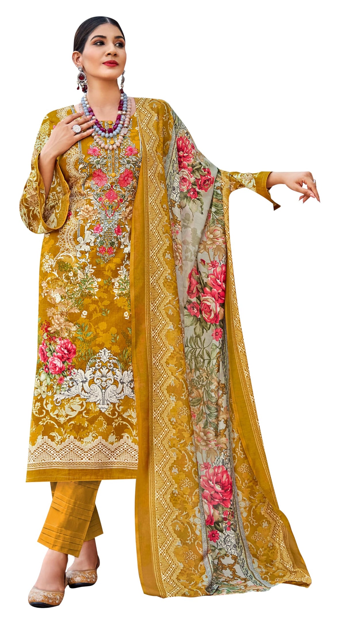 DRAVINAM Trends Lawn Cotton Pakistani Embroidered Suit Dress Material with Unstitched Bottoms and Cotton Dupatta